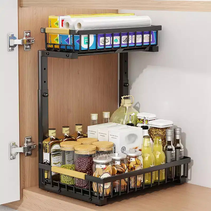 Under Sink Organizer,Metal Pull Out Cabinet Organizer Shelf,Kitchen Bathroom Organizers and Storage with 2 Sliding Drawer Spice