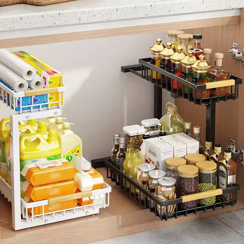 Under Sink Organizer,Metal Pull Out Cabinet Organizer Shelf,Kitchen Bathroom Organizers and Storage with 2 Sliding Drawer Spice