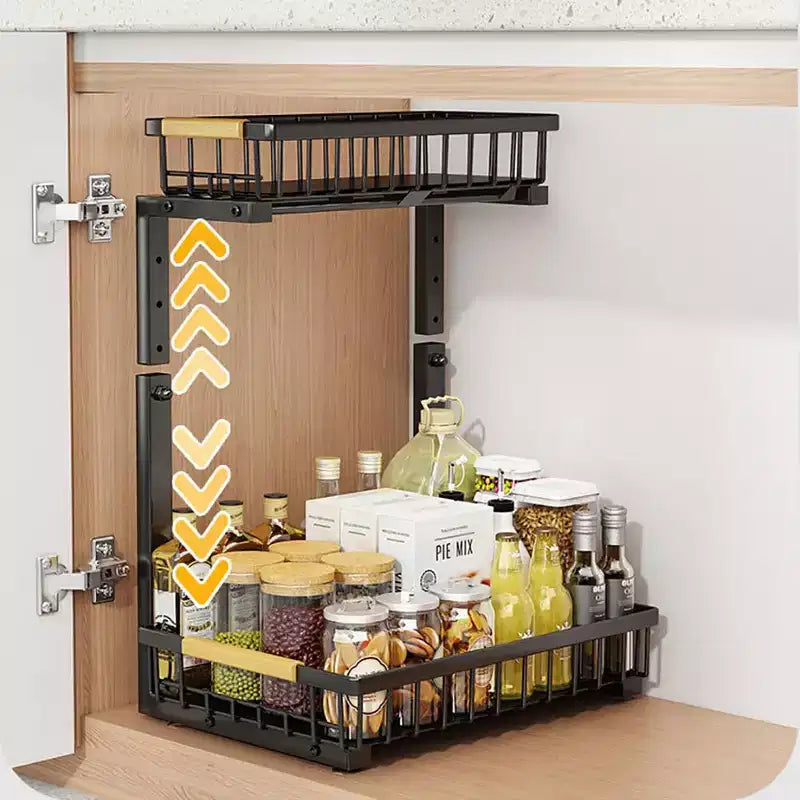 Under Sink Organizer,Metal Pull Out Cabinet Organizer Shelf,Kitchen Bathroom Organizers and Storage with 2 Sliding Drawer Spice