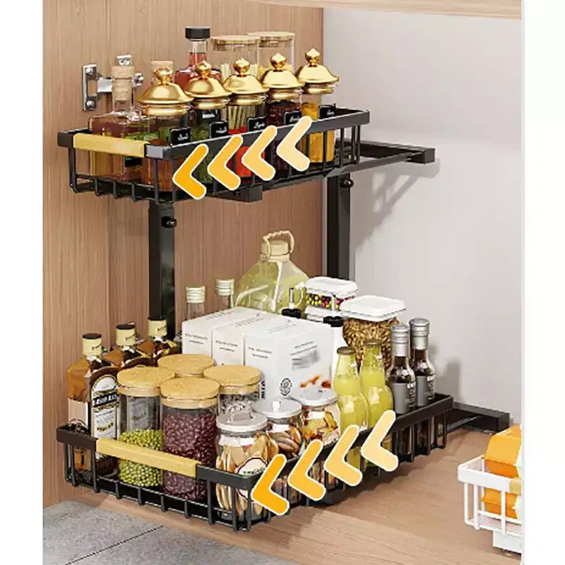 Under Sink Organizer,Metal Pull Out Cabinet Organizer Shelf,Kitchen Bathroom Organizers and Storage with 2 Sliding Drawer Spice