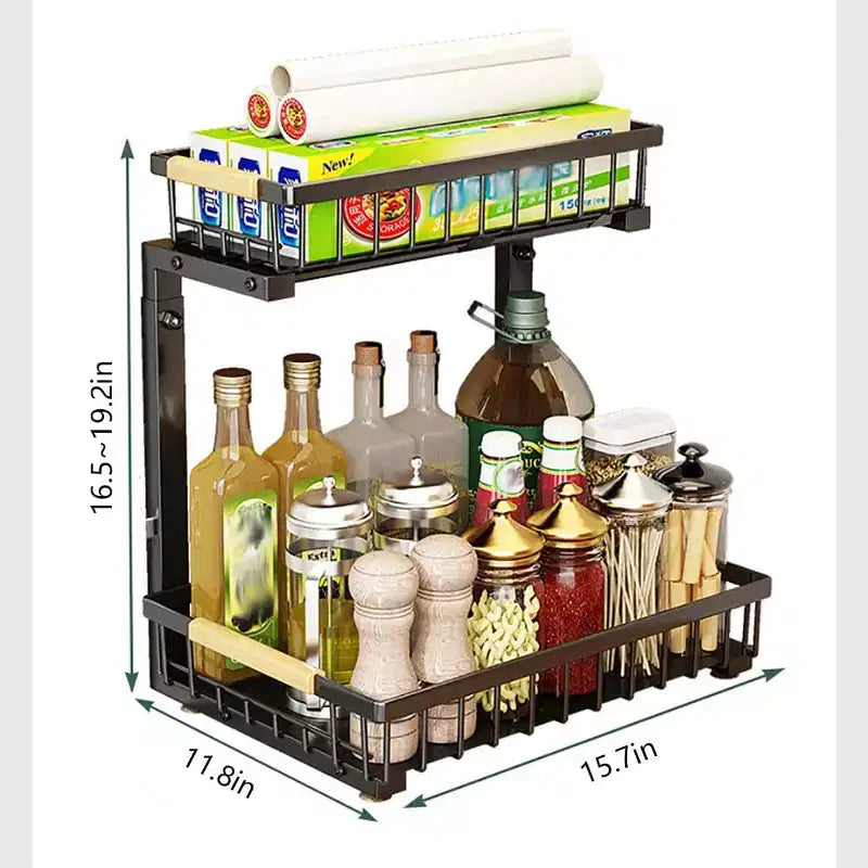 Under Sink Organizer,Metal Pull Out Cabinet Organizer Shelf,Kitchen Bathroom Organizers and Storage with 2 Sliding Drawer Spice