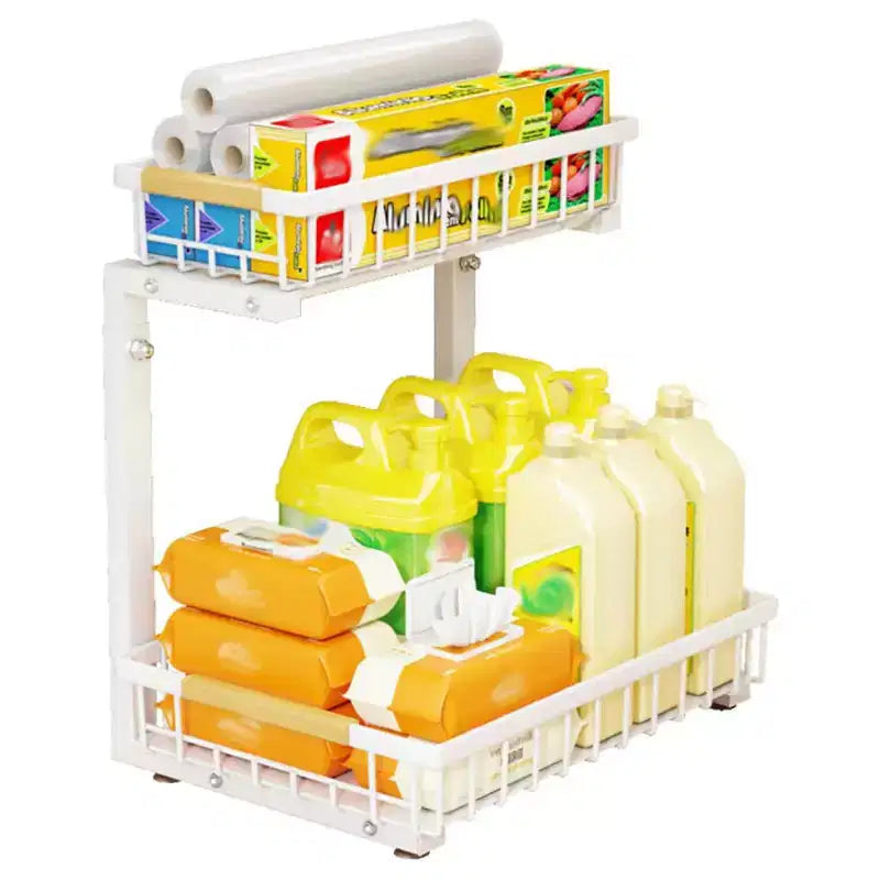 Under Sink Organizer,Metal Pull Out Cabinet Organizer Shelf,Kitchen Bathroom Organizers and Storage with 2 Sliding Drawer Spice