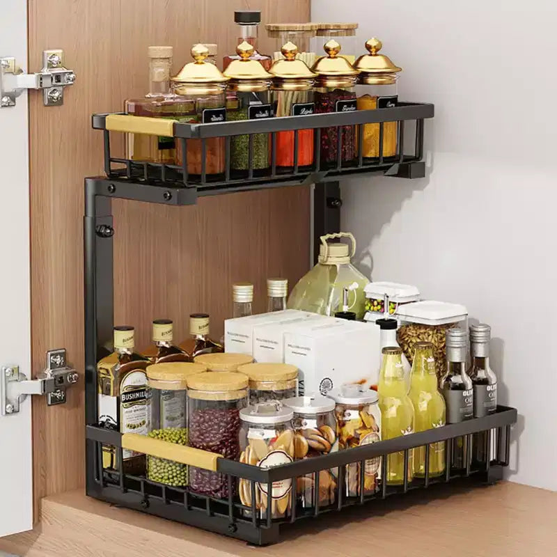 Under Sink Organizer,Metal Pull Out Cabinet Organizer Shelf,Kitchen Bathroom Organizers and Storage with 2 Sliding Drawer Spice