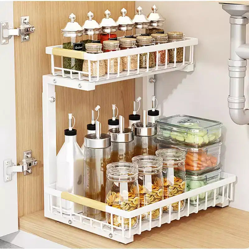 Under Sink Organizer,Metal Pull Out Cabinet Organizer Shelf,Kitchen Bathroom Organizers and Storage with 2 Sliding Drawer Spice