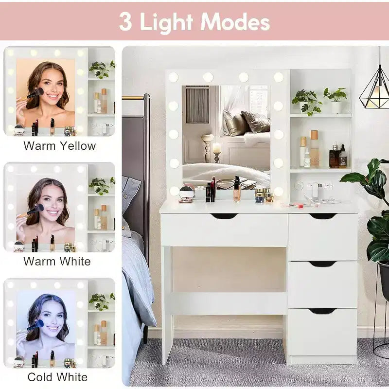 Coiffeuse moderne avec miroir lumineux, prises électriques, 4 tiroirs, poignées en cristal, éclairage LED réglable, étagères de rangement pour chambre, blanc