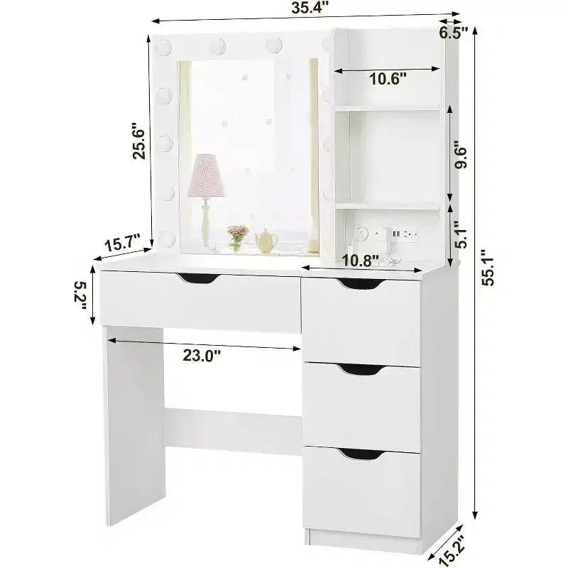 Coiffeuse moderne avec miroir lumineux, prises électriques, 4 tiroirs, poignées en cristal, éclairage LED réglable, étagères de rangement pour chambre, blanc