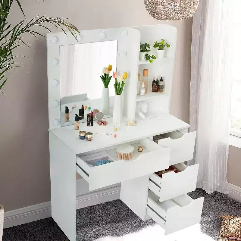 Coiffeuse moderne avec miroir lumineux, prises électriques, 4 tiroirs, poignées en cristal, éclairage LED réglable, étagères de rangement pour chambre, blanc