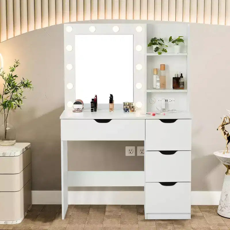 Coiffeuse moderne avec miroir lumineux, prises électriques, 4 tiroirs, poignées en cristal, éclairage LED réglable, étagères de rangement pour chambre, blanc