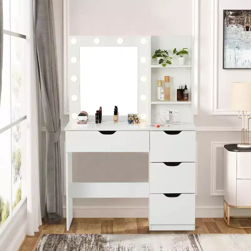 Coiffeuse moderne avec miroir lumineux, prises électriques, 4 tiroirs, poignées en cristal, éclairage LED réglable, étagères de rangement pour chambre, blanc