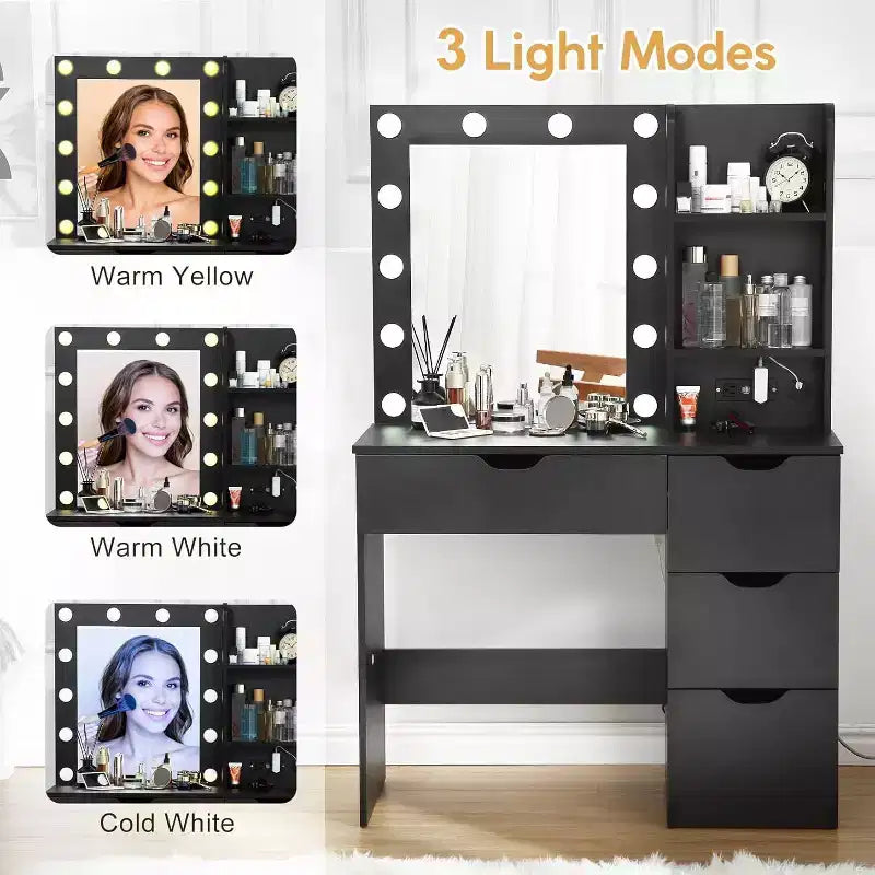 Modern Vanity Makeup Desk with Lighted Mirror, Power Outlets, 4 Drawers, Crystal Knobs, Adjustable LED, Storage Shelves for Bedroom, White