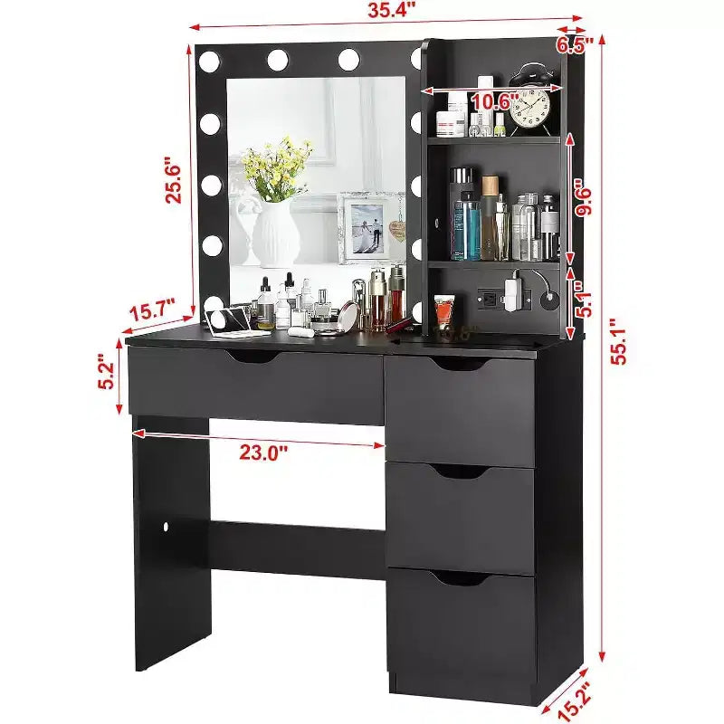 Modern Vanity Makeup Desk with Lighted Mirror, Power Outlets, 4 Drawers, Crystal Knobs, Adjustable LED, Storage Shelves for Bedroom, White
