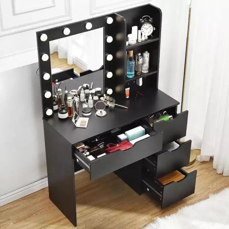 Modern Vanity Makeup Desk with Lighted Mirror, Power Outlets, 4 Drawers, Crystal Knobs, Adjustable LED, Storage Shelves for Bedroom, White