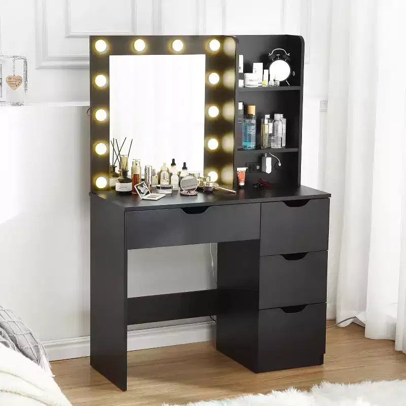 Coiffeuse moderne avec miroir lumineux, prises électriques, 4 tiroirs, poignées en cristal, éclairage LED réglable, étagères de rangement pour chambre, blanc