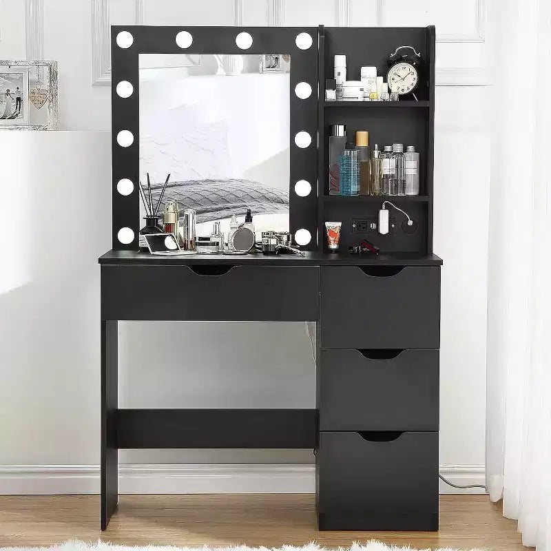 Coiffeuse moderne avec miroir lumineux, prises électriques, 4 tiroirs, poignées en cristal, éclairage LED réglable, étagères de rangement pour chambre, blanc