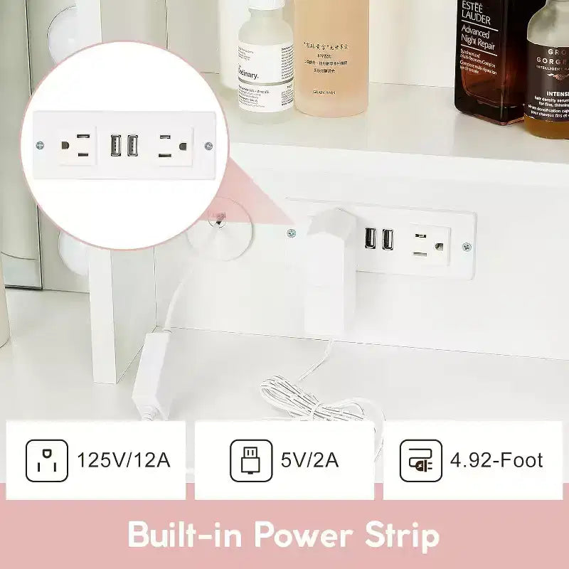Coiffeuse moderne avec miroir lumineux, prises électriques, 4 tiroirs, poignées en cristal, éclairage LED réglable, étagères de rangement pour chambre, blanc