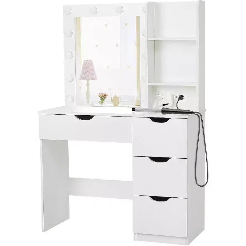 Modern Vanity Makeup Desk with Lighted Mirror, Power Outlets, 4 Drawers, Crystal Knobs, Adjustable LED, Storage Shelves for Bedroom, White