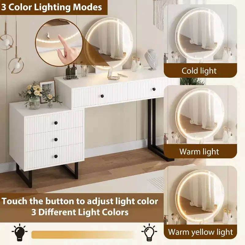 White Vanity Desk with Mirror and Lights, Modern Makeup Vanity Table with 5 Drawers, 3-Color LED, Adjustable Brightness for Bedroom