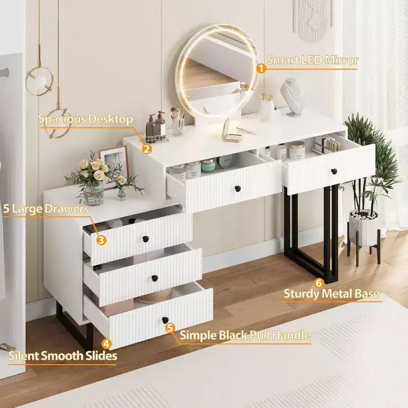 White Vanity Desk with Mirror and Lights, Modern Makeup Vanity Table with 5 Drawers, 3-Color LED, Adjustable Brightness for Bedroom