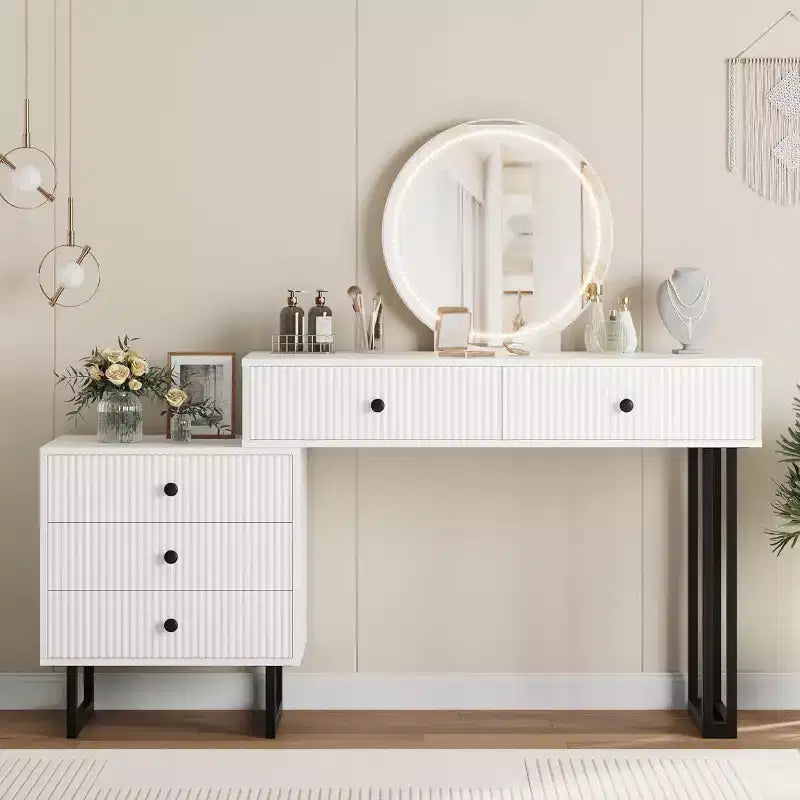 White Vanity Desk with Mirror and Lights, Modern Makeup Vanity Table with 5 Drawers, 3-Color LED, Adjustable Brightness for Bedroom