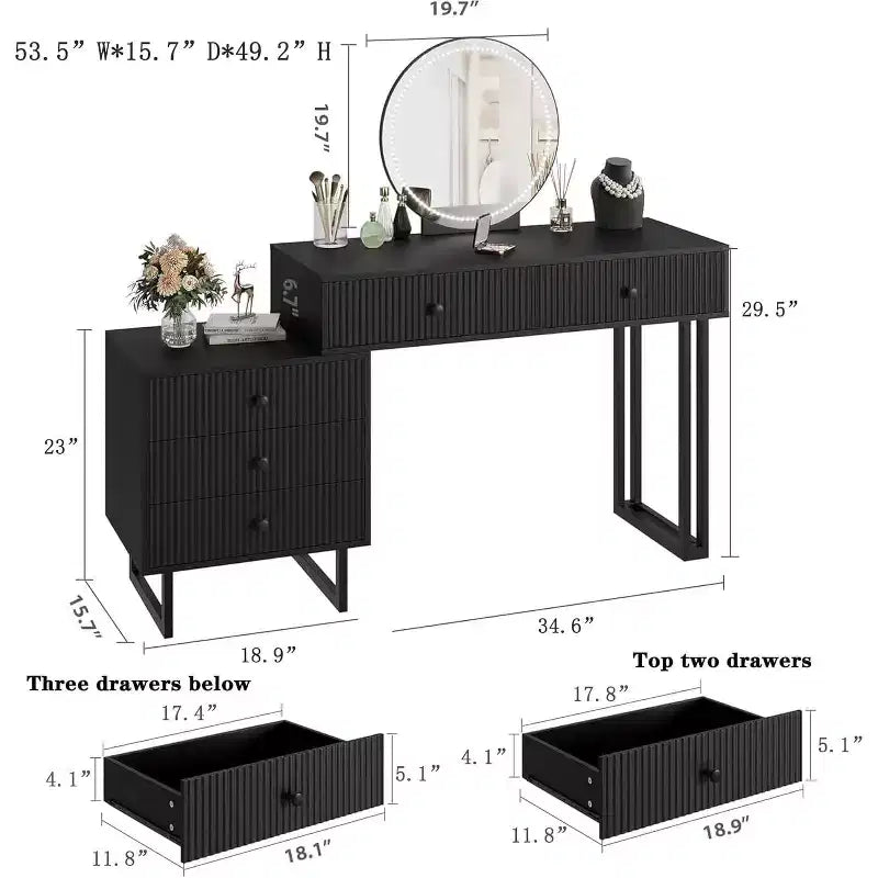 White Vanity Desk with Mirror and Lights, Modern Makeup Vanity Table with 5 Drawers, 3-Color LED, Adjustable Brightness for Bedroom