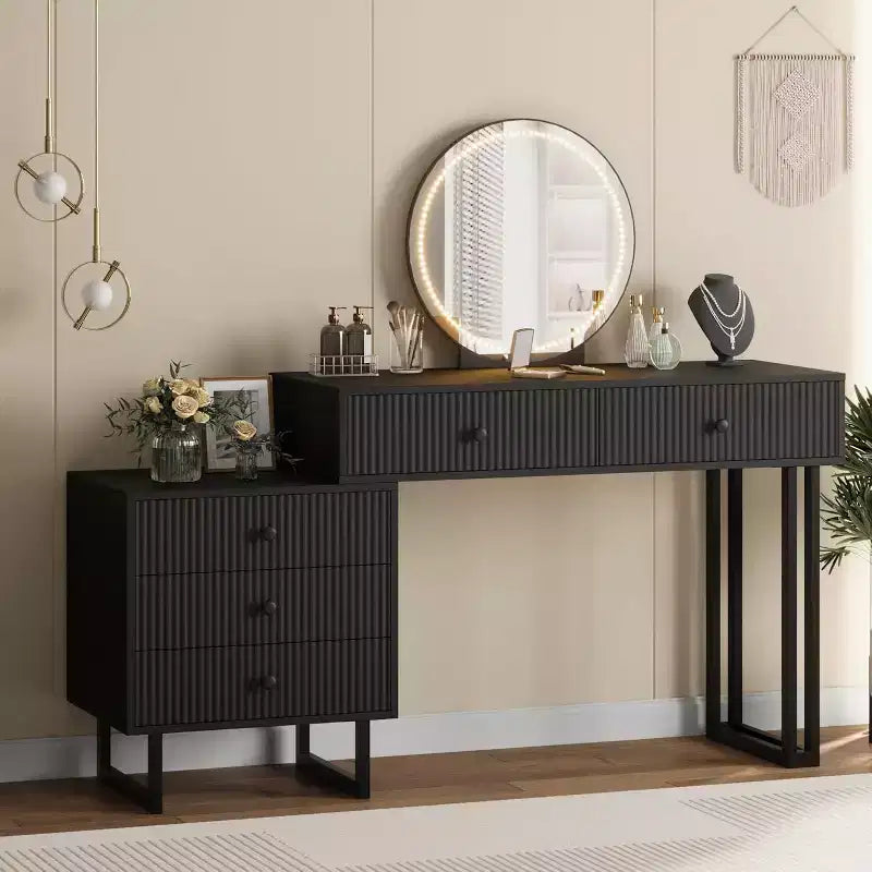White Vanity Desk with Mirror and Lights, Modern Makeup Vanity Table with 5 Drawers, 3-Color LED, Adjustable Brightness for Bedroom