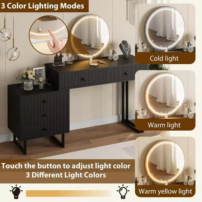 White Vanity Desk with Mirror and Lights, Modern Makeup Vanity Table with 5 Drawers, 3-Color LED, Adjustable Brightness for Bedroom