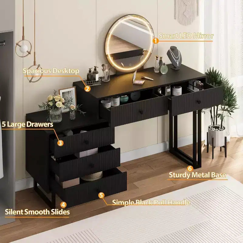 White Vanity Desk with Mirror and Lights, Modern Makeup Vanity Table with 5 Drawers, 3-Color LED, Adjustable Brightness for Bedroom