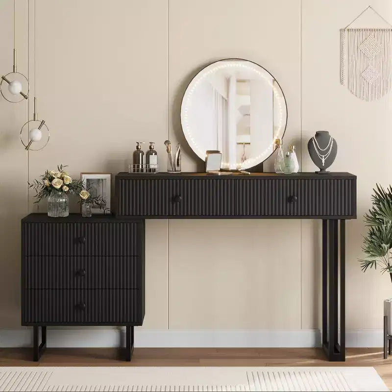 White Vanity Desk with Mirror and Lights, Modern Makeup Vanity Table with 5 Drawers, 3-Color LED, Adjustable Brightness for Bedroom