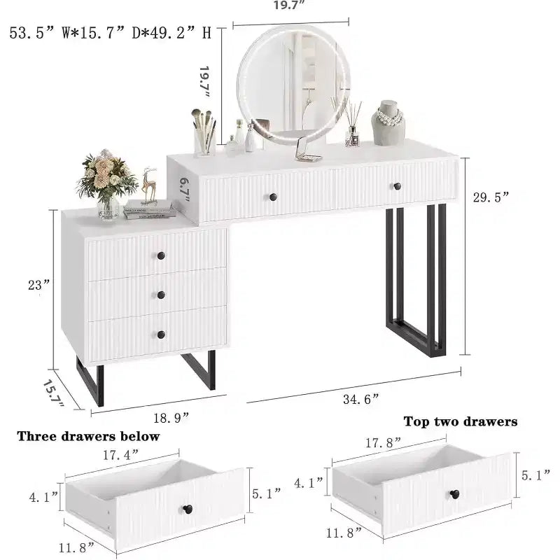White Vanity Desk with Mirror and Lights, Modern Makeup Vanity Table with 5 Drawers, 3-Color LED, Adjustable Brightness for Bedroom