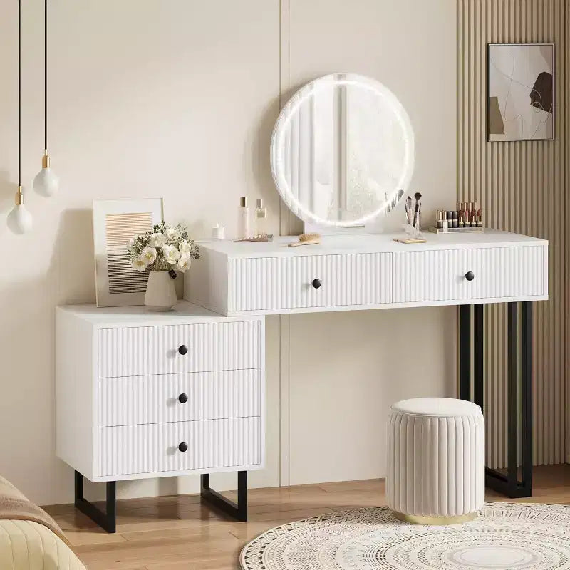 White Vanity Desk with Mirror and Lights, Modern Makeup Vanity Table with 5 Drawers, 3-Color LED, Adjustable Brightness for Bedroom