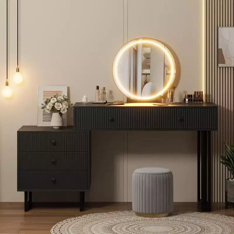 Acekool White Vanity Desk with Mirror and Lights, Modern Makeup Vanity Table with 5 Drawers, 3-Color LED, Adjustable Brightness for Bedroom