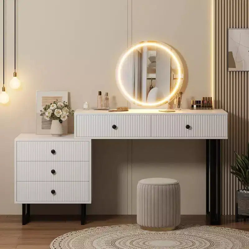 White Vanity Desk with Mirror and Lights, Modern Makeup Vanity Table with 5 Drawers, 3-Color LED, Adjustable Brightness for Bedroom
