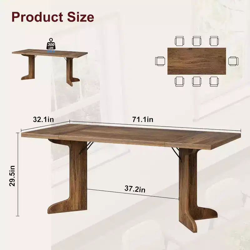 Farmhouse Style Large Wooden Dining Table for 6-8, Rectangular Kitchen Table with Cushioned Top and Distinctive V-Shaped Legs