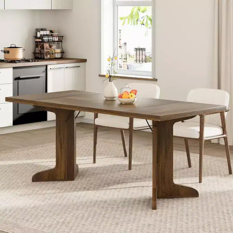Farmhouse Style Large Wooden Dining Table for 6-8, Rectangular Kitchen Table with Cushioned Top and Distinctive V-Shaped Legs