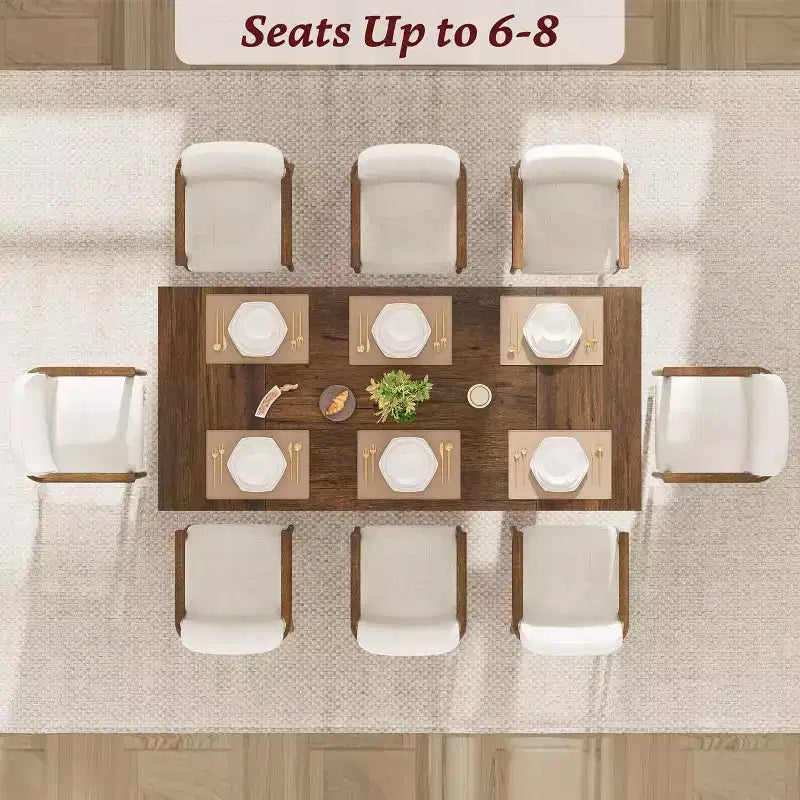 Farmhouse Style Large Wooden Dining Table for 6-8, Rectangular Kitchen Table with Cushioned Top and Distinctive V-Shaped Legs