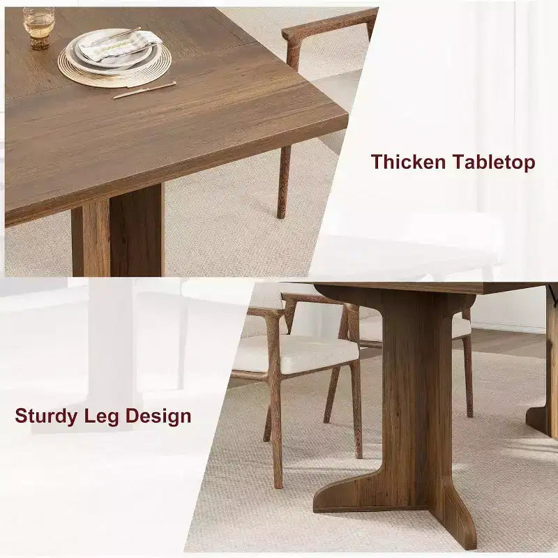 Farmhouse Style Large Wooden Dining Table for 6-8, Rectangular Kitchen Table with Cushioned Top and Distinctive V-Shaped Legs