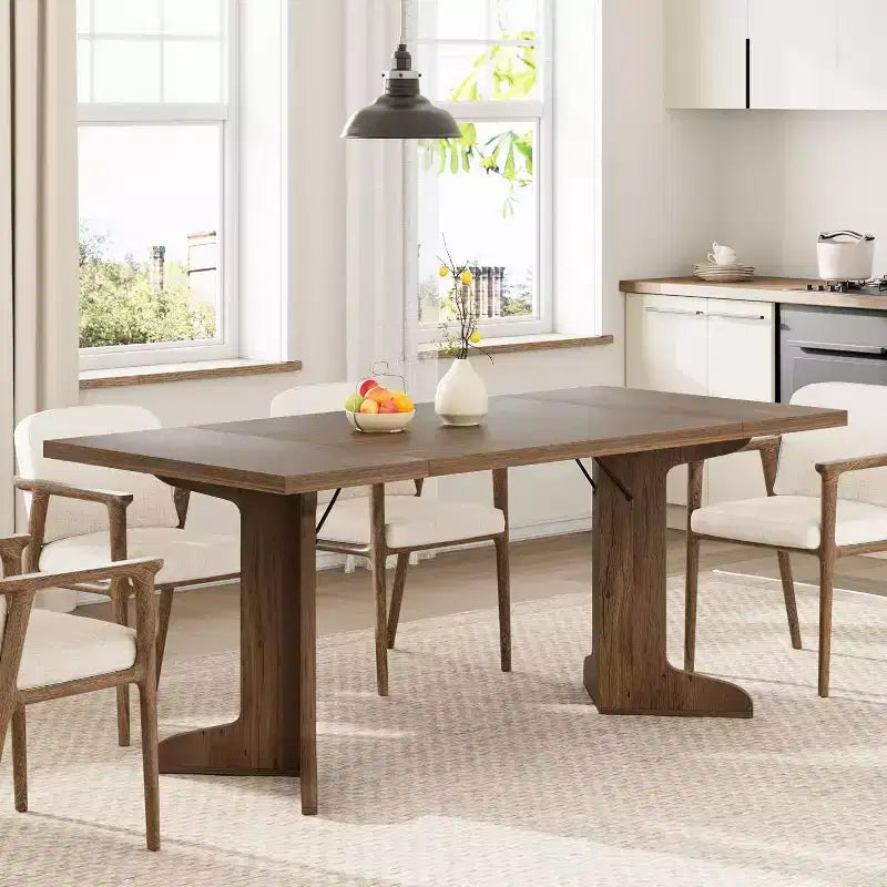 Farmhouse Style Large Wooden Dining Table for 6-8, Rectangular Kitchen Table with Cushioned Top and Distinctive V-Shaped Legs