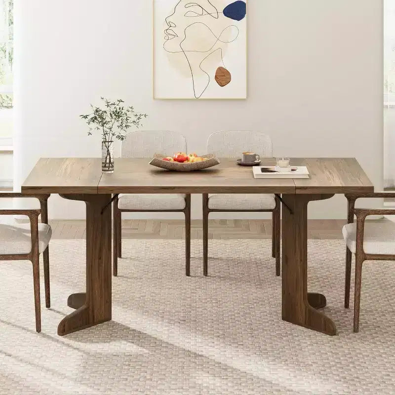 Farmhouse Style Large Wooden Dining Table for 6-8, Rectangular Kitchen Table with Cushioned Top and Distinctive V-Shaped Legs