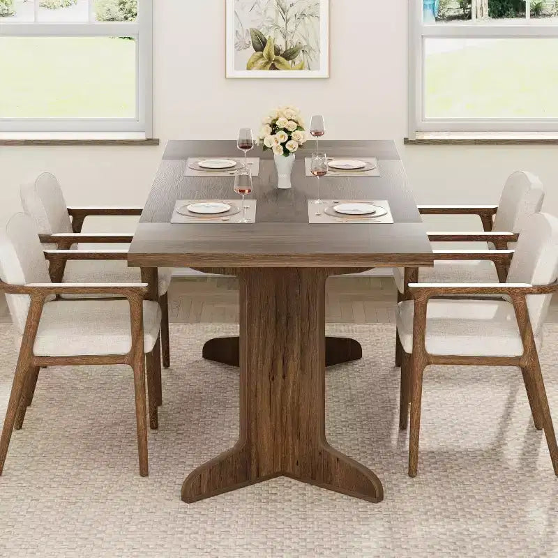 Farmhouse Style Large Wooden Dining Table for 6-8, Rectangular Kitchen Table with Cushioned Top and Distinctive V-Shaped Legs