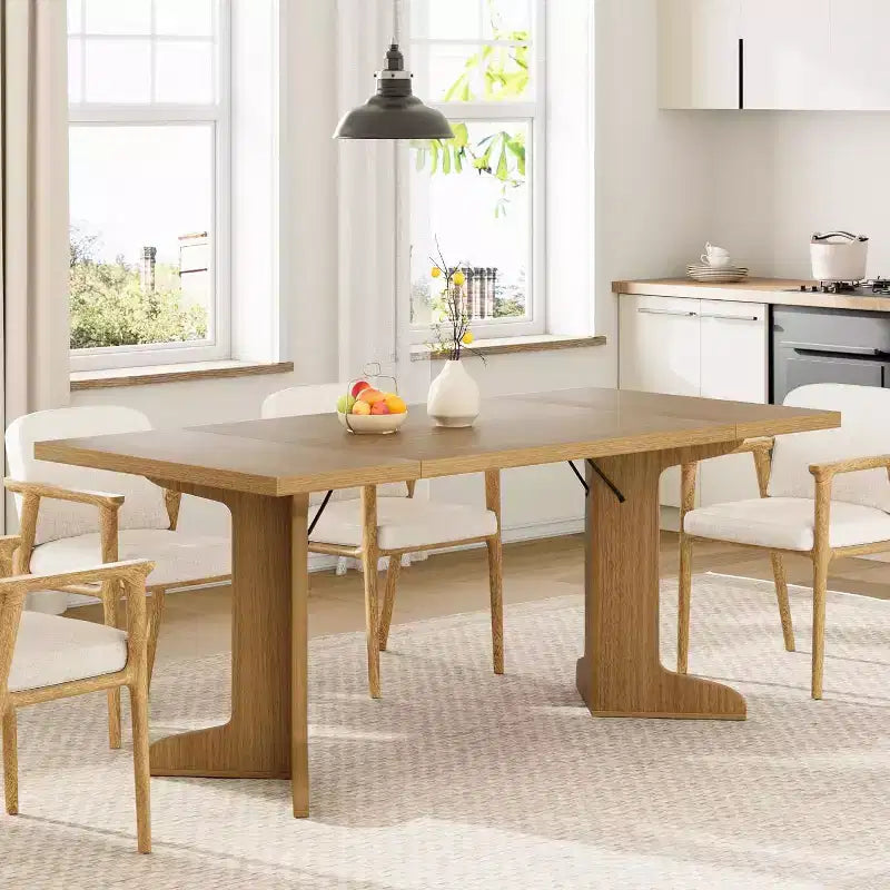 Farmhouse Style Large Wooden Dining Table for 6-8, Rectangular Kitchen Table with Cushioned Top and Distinctive V-Shaped Legs