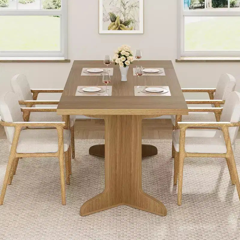 Farmhouse Style Large Wooden Dining Table for 6-8, Rectangular Kitchen Table with Cushioned Top and Distinctive V-Shaped Legs