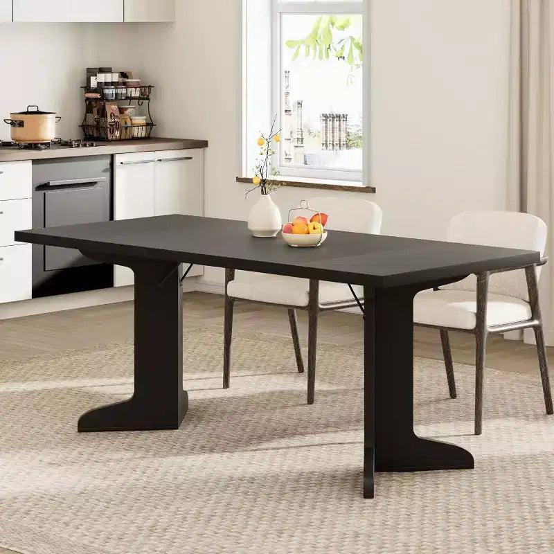 Farmhouse Style Large Wooden Dining Table for 6-8, Rectangular Kitchen Table with Cushioned Top and Distinctive V-Shaped Legs
