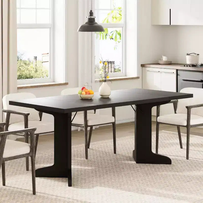Farmhouse Style Large Wooden Dining Table for 6-8, Rectangular Kitchen Table with Cushioned Top and Distinctive V-Shaped Legs