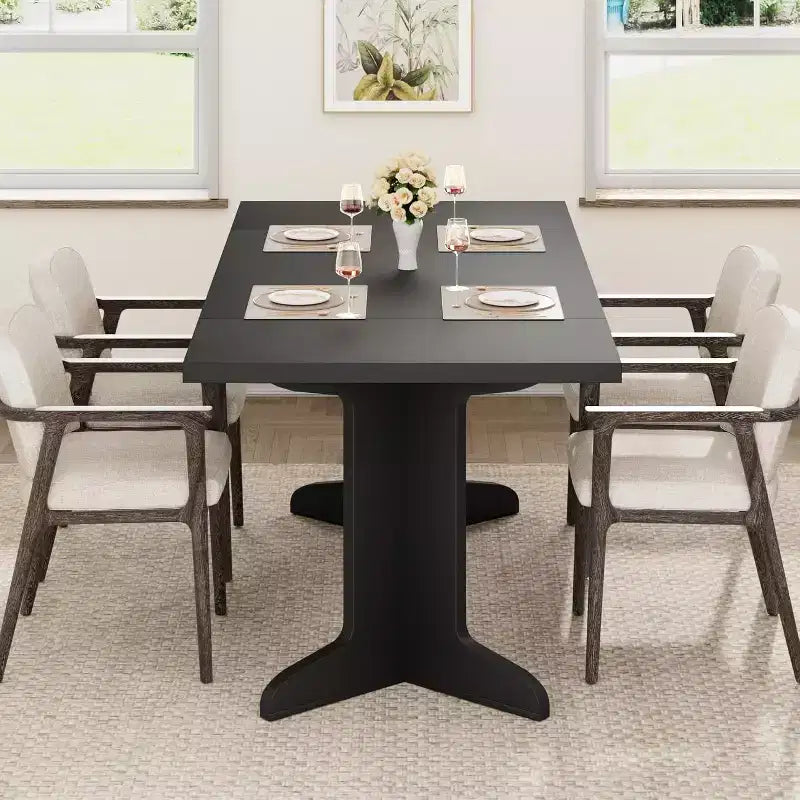 Farmhouse Style Large Wooden Dining Table for 6-8, Rectangular Kitchen Table with Cushioned Top and Distinctive V-Shaped Legs
