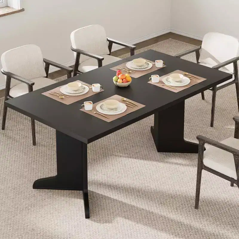 Farmhouse Style Large Wooden Dining Table for 6-8, Rectangular Kitchen Table with Cushioned Top and Distinctive V-Shaped Legs