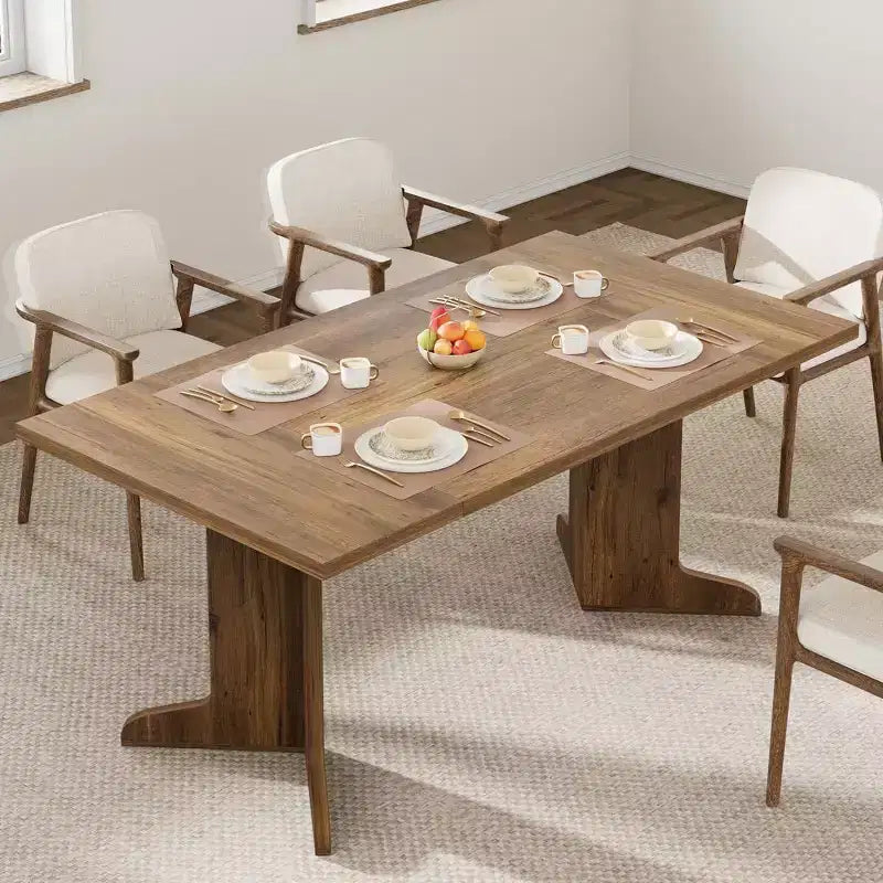 Farmhouse Style Large Wooden Dining Table for 6-8, Rectangular Kitchen Table with Cushioned Top and Distinctive V-Shaped Legs