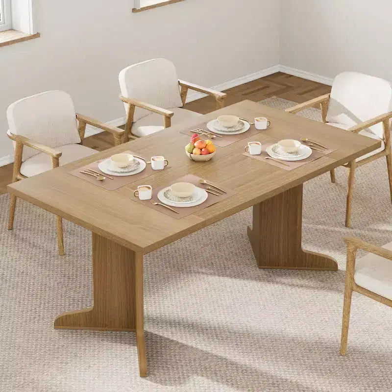 Farmhouse Style Large Wooden Dining Table for 6-8, Rectangular Kitchen Table with Cushioned Top and Distinctive V-Shaped Legs