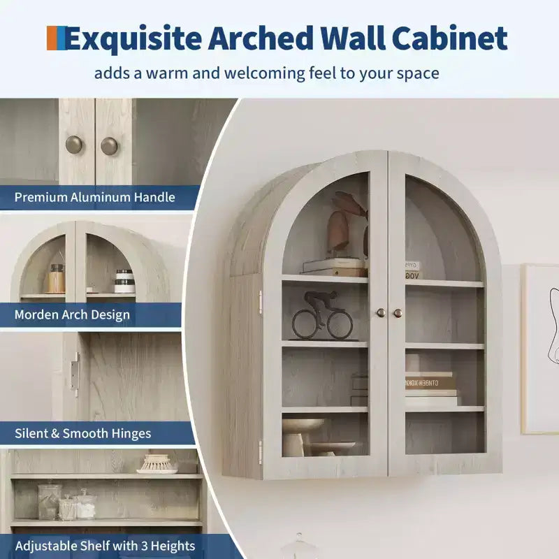 Arched Wall Cabinet, Small Wall-Mounted Bathroom Medicine Cabinet with Doors & Adjustable Shelves, Space-Saving Storage Organizer for Kitchens