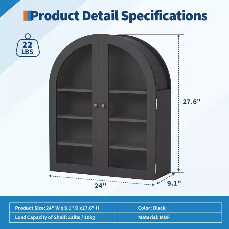 Arched Wall Cabinet, Small Wall-Mounted Bathroom Medicine Cabinet with Doors & Adjustable Shelves, Space-Saving Storage Organizer for Kitchens