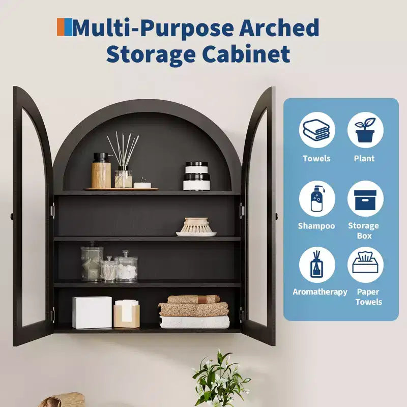 Arched Wall Cabinet, Small Wall-Mounted Bathroom Medicine Cabinet with Doors & Adjustable Shelves, Space-Saving Storage Organizer for Kitchens
